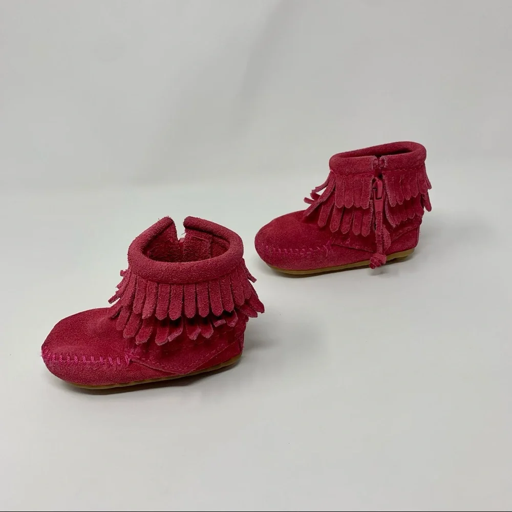 Minnetonka Baby Girls Hot Pink Suede Double Fringe Moccasin Boots Shoes Size 2